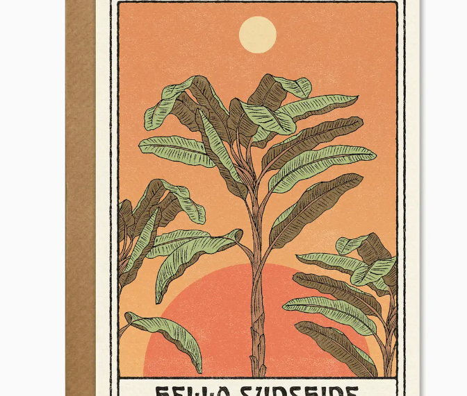 Cai & Jo Hello Sunshine Card, an orange and green illustration of banana leaves under a sun, with kraft envelope