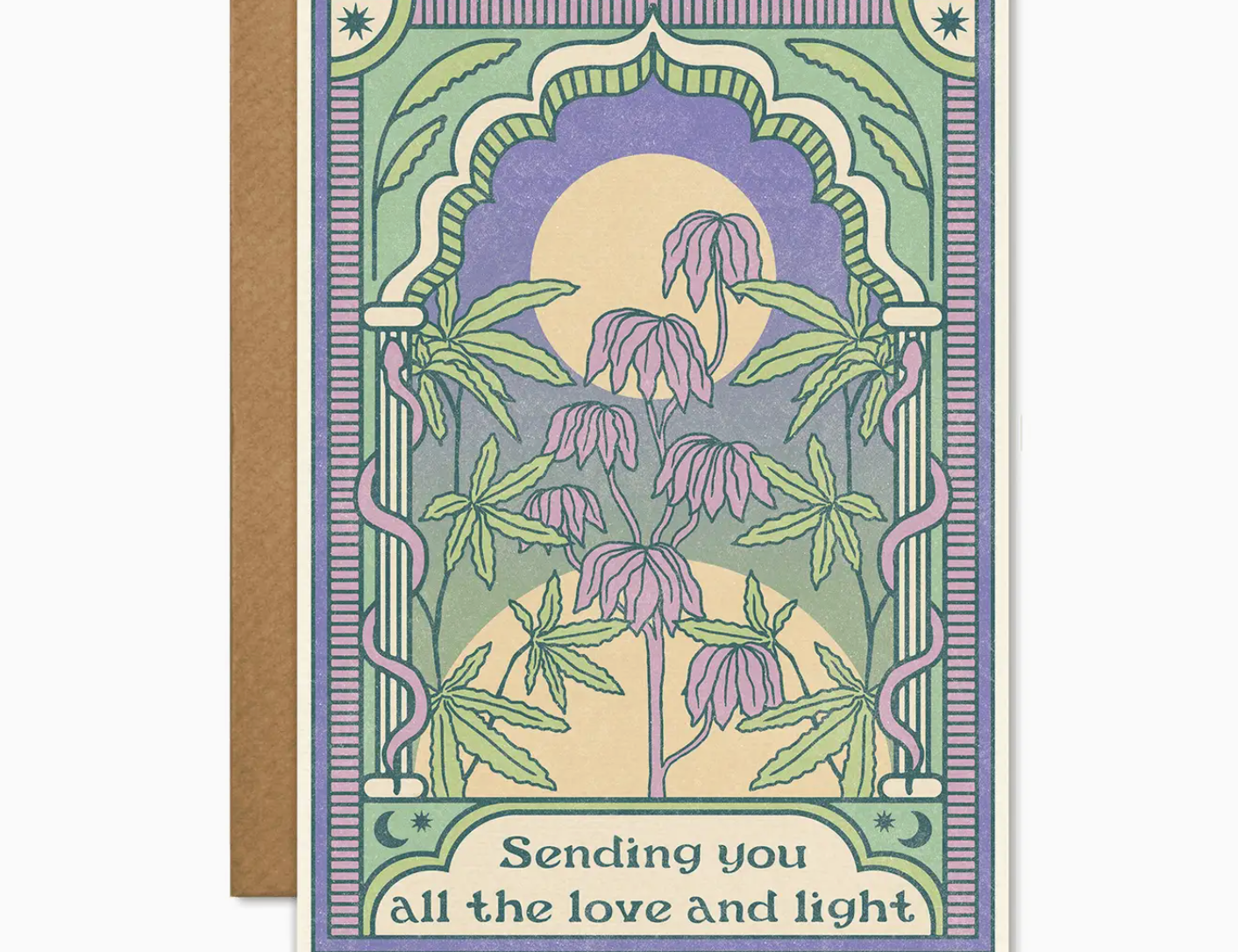Cai & Jo Sending You All the Love and Light Card, a purple and green floral illustration with kraft envelope