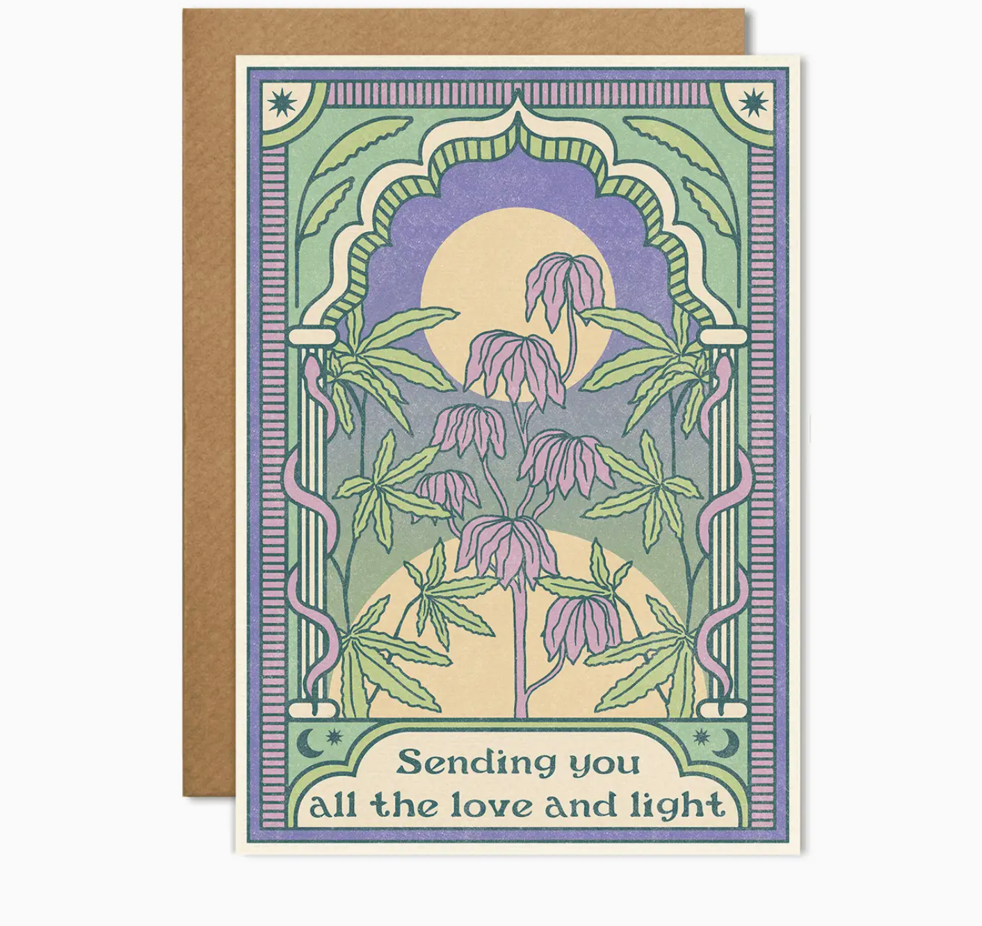 Cai & Jo Sending You All the Love and Light Card, a purple and green floral illustration with kraft envelope