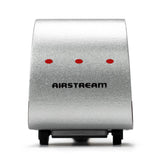 Candylab Toys Airstream Camper, rear view of the silver toy trailer with three red tail lights and Airstream lettering
