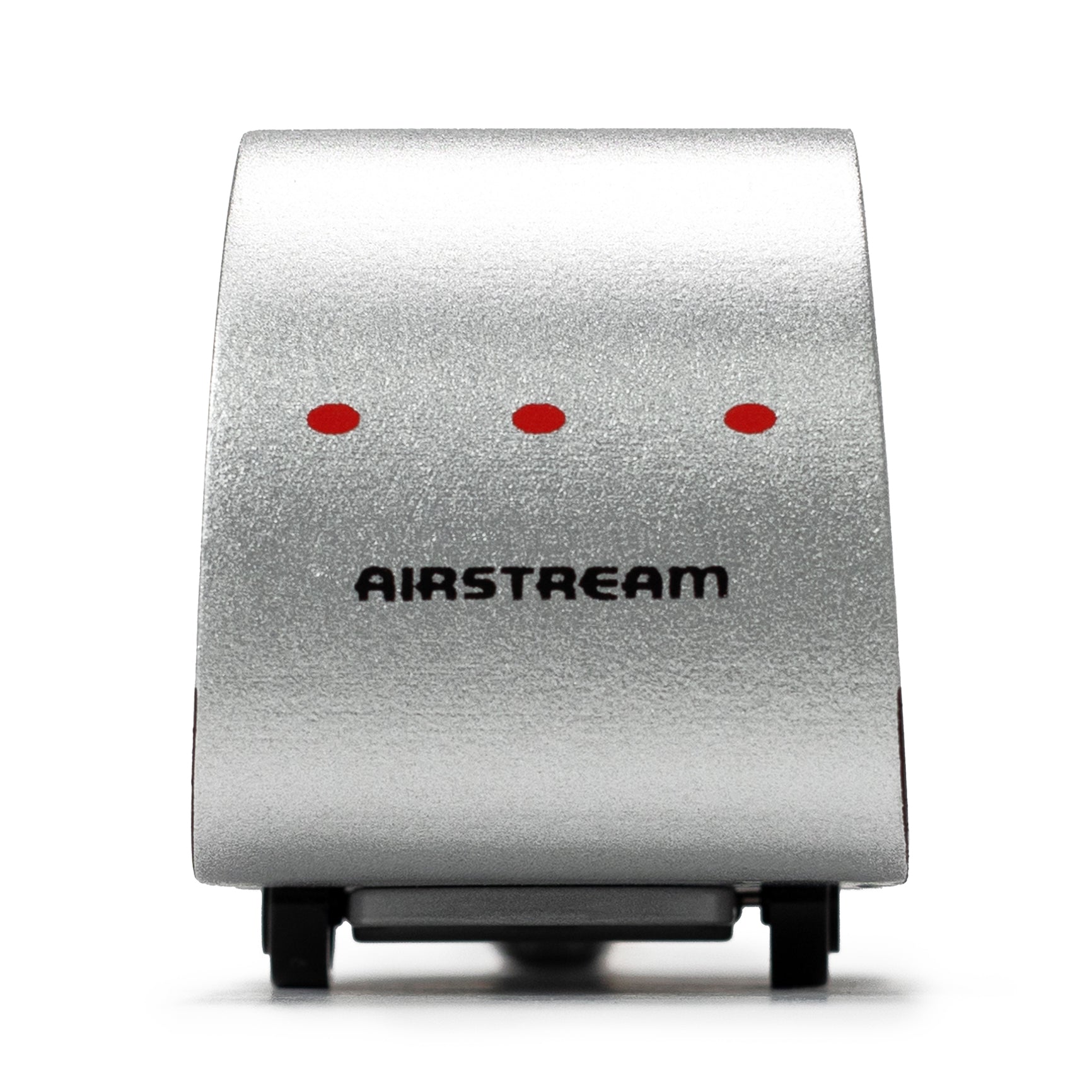 Candylab Toys Airstream Camper, rear view of the silver toy trailer with three red tail lights and Airstream lettering