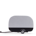 Candylab Toys Airstream Camper, silver wooden toy trailer with black base and a tow hitch, side view