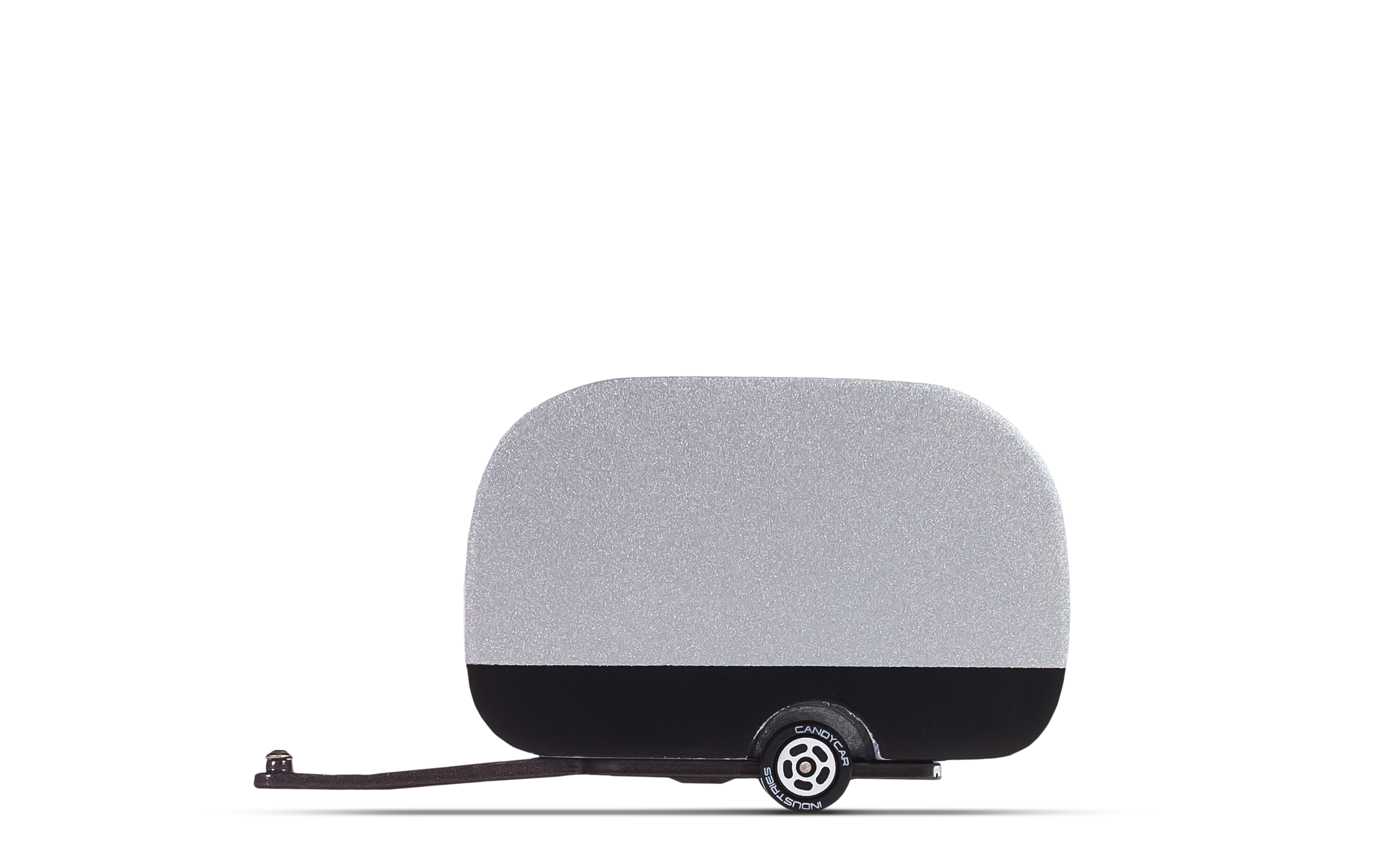 Candylab Toys Airstream Camper, silver wooden toy trailer with black base and a tow hitch, side view