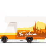 Candylab Toys Arizona Wooden RV, white and orange toy camper van with a desert cactus scene reading The Arizona, side view
