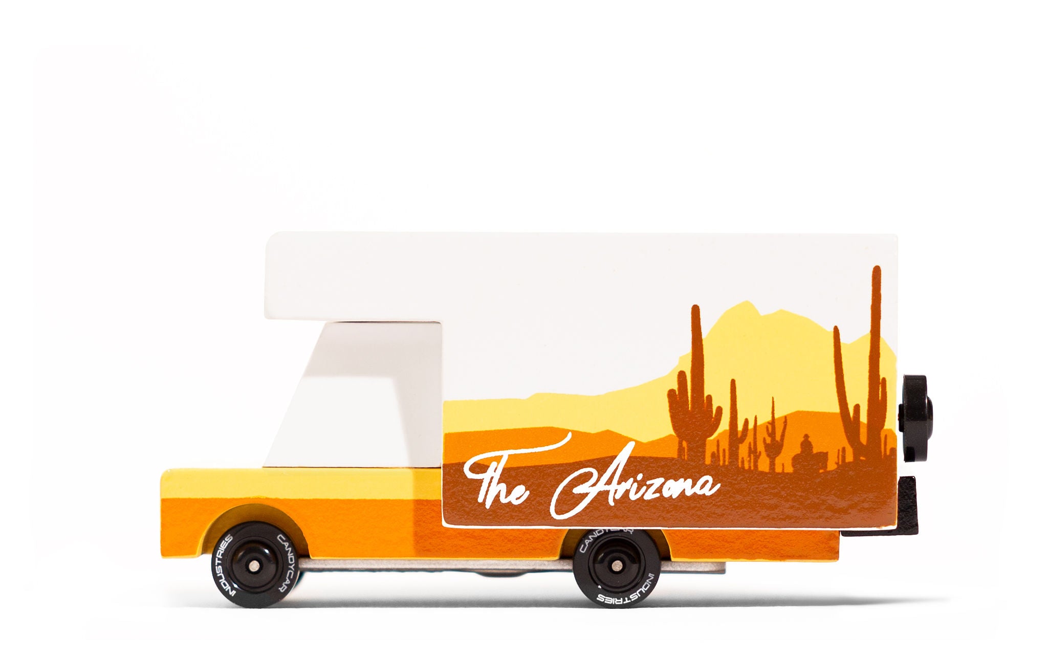Candylab Toys Arizona Wooden RV, white and orange toy camper van with a desert cactus scene reading The Arizona, side view