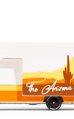 Candylab Toys Arizona Wooden RV, white and orange toy camper van with a desert cactus scene reading The Arizona, side view
