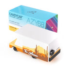 Candylab Toys Arizona Wooden RV toy camper beside its blue Candycar AZY68 retail box