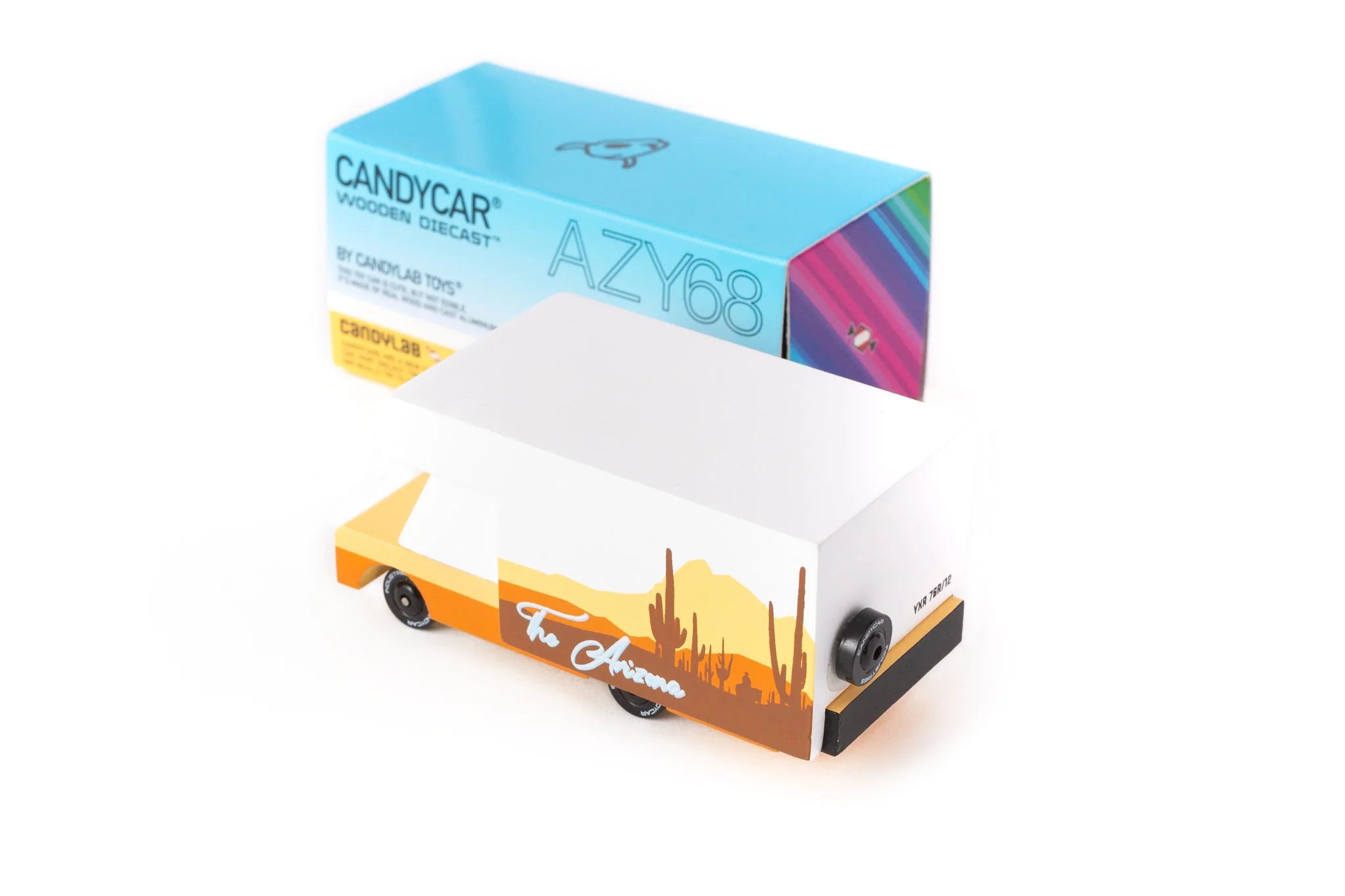 Candylab Toys Arizona Wooden RV toy camper beside its blue Candycar AZY68 retail box