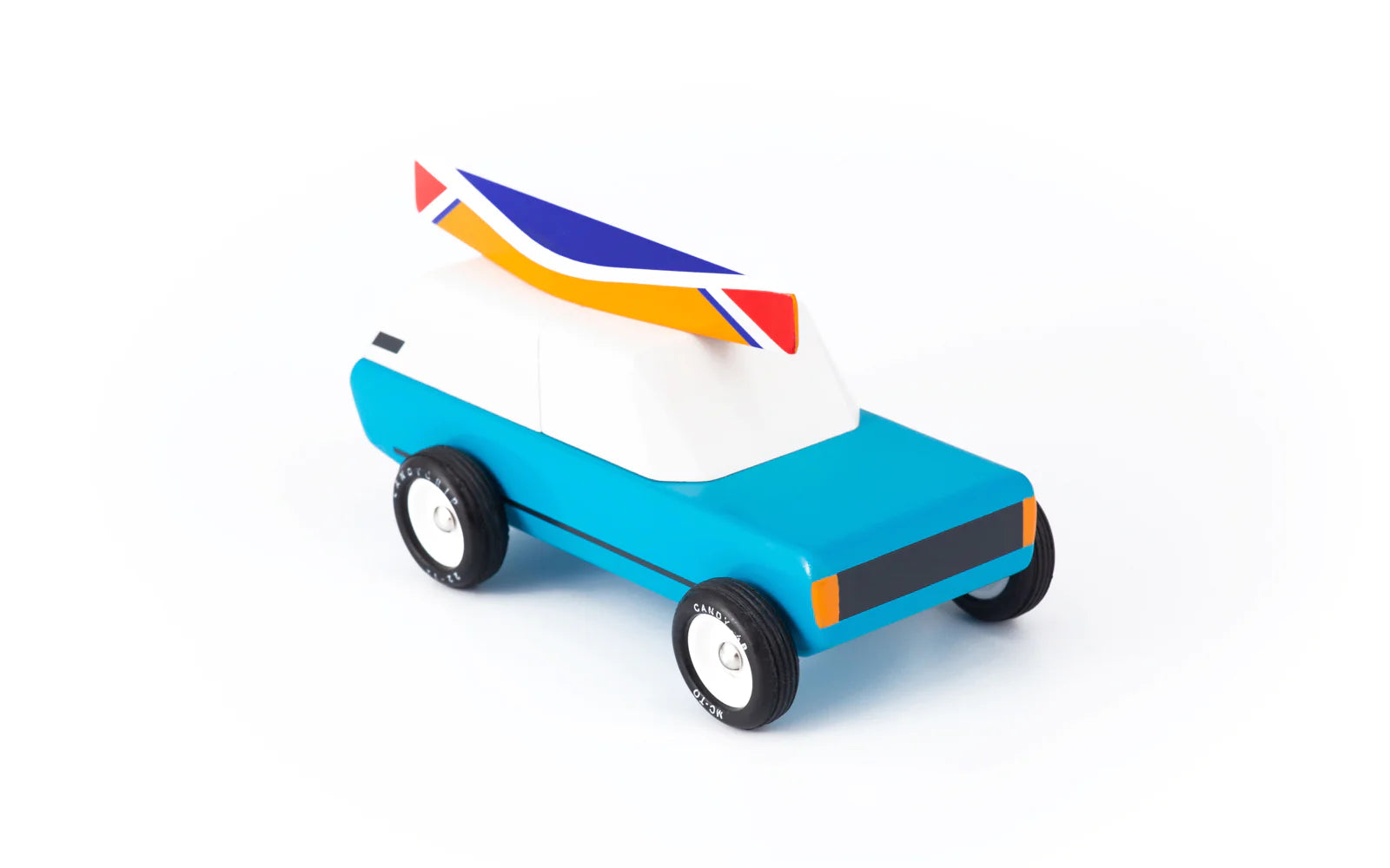 Candylab Toys Cotswold Wooden Royal Toy, a blue wooden car with a roof surfboard, angled view
