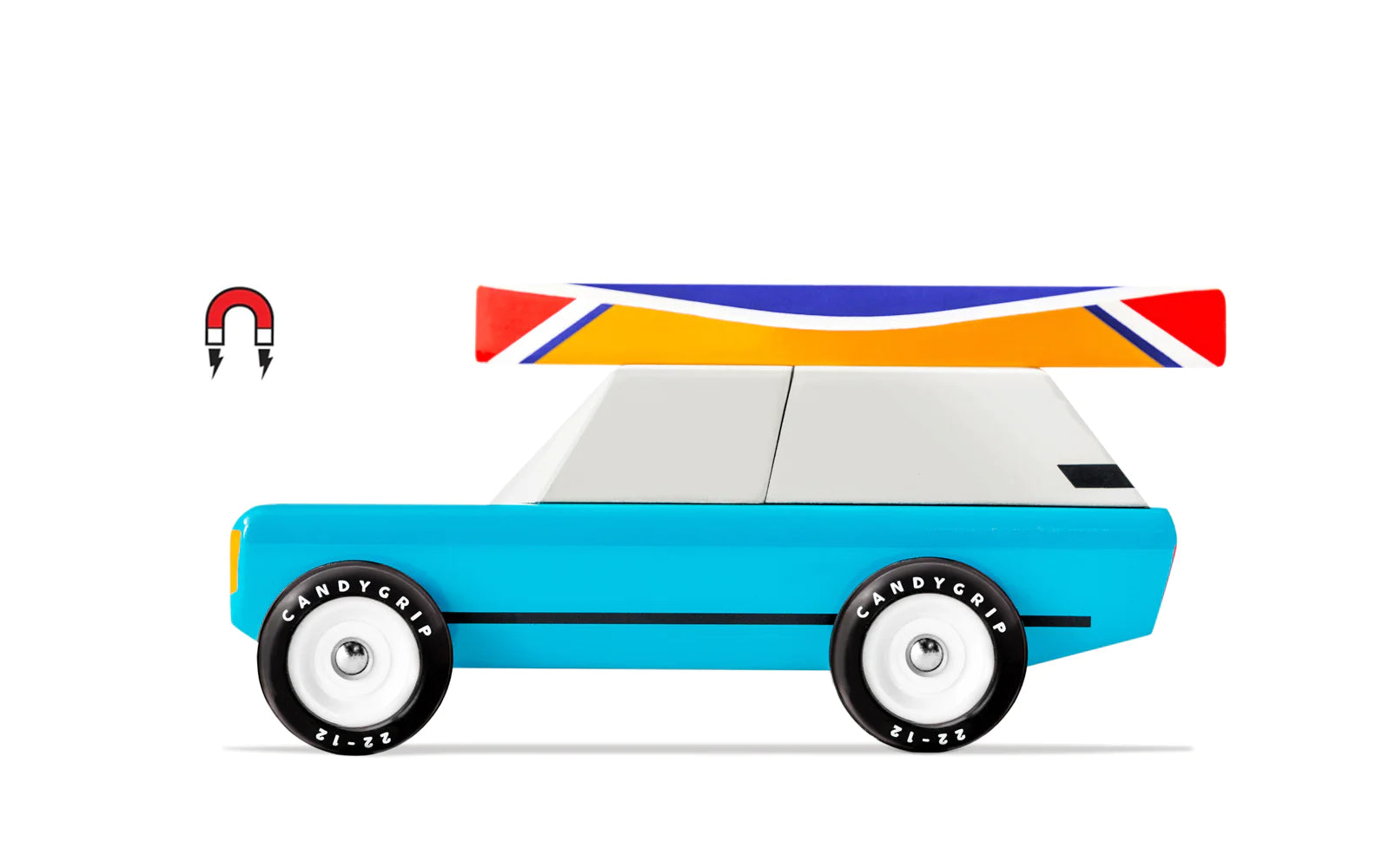 Candylab Toys Cotswold Wooden Royal Toy, a blue wooden station wagon with a colorful surfboard on the roof, side view