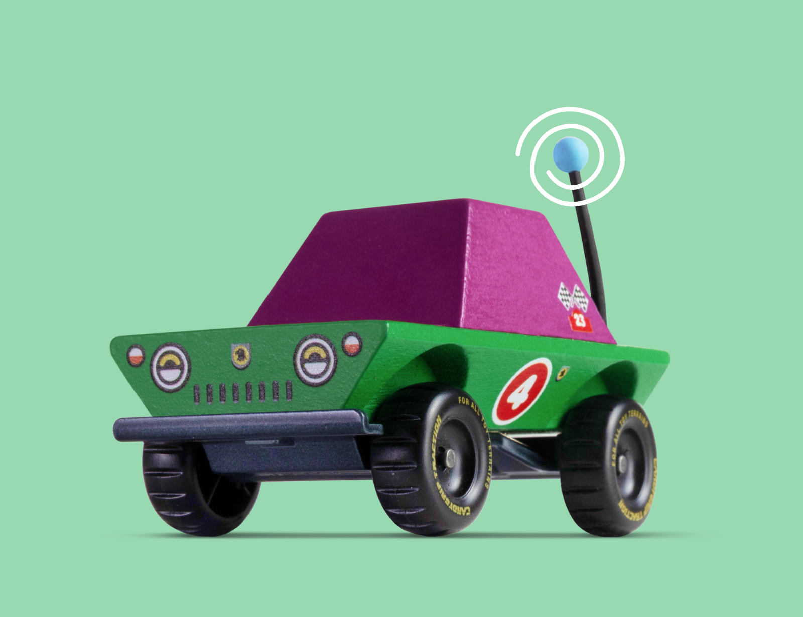 Candylab Toys DunDee TOONS Car, a green and magenta wooden toy car with a blue antenna light, front angle