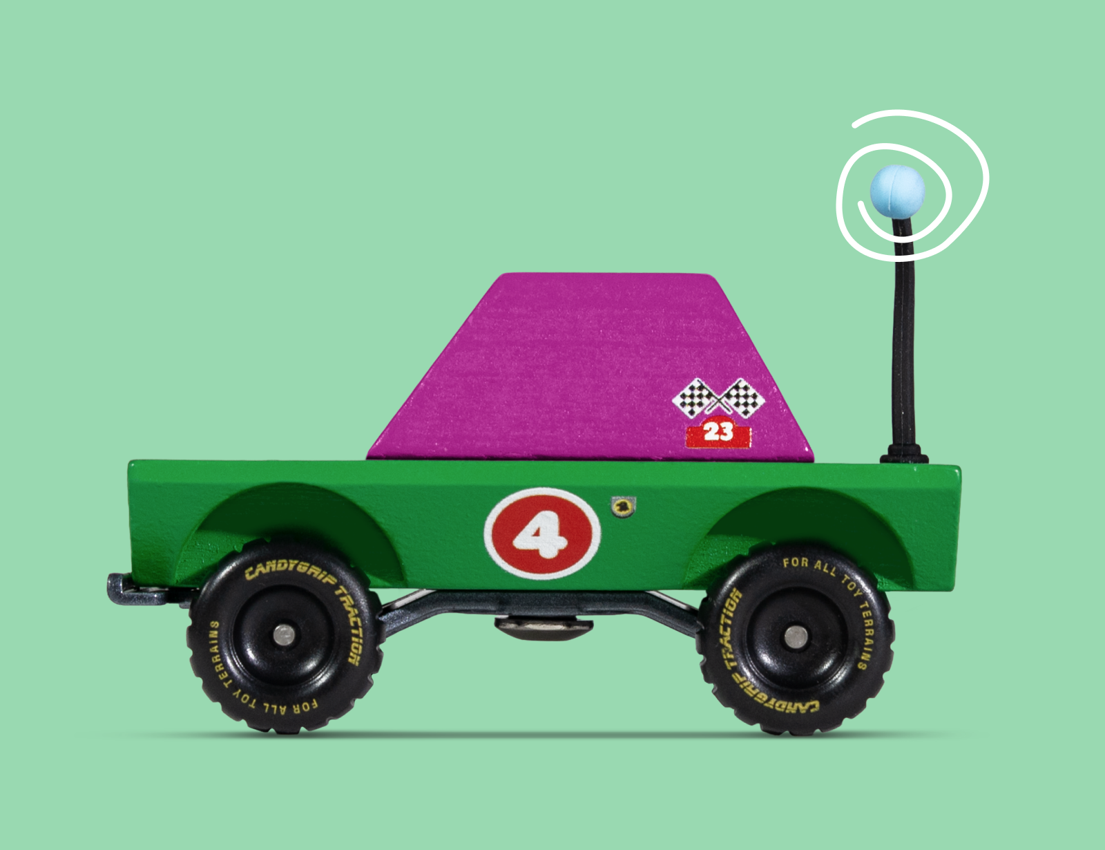 Candylab Toys DunDee TOONS Car, green and magenta wooden toy car, side view