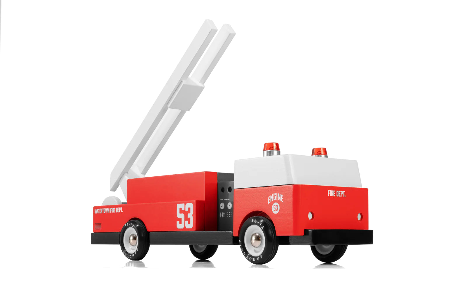 Candylab Toys Engine 53 Wooden Fire Truck with the ladder raised, angled view