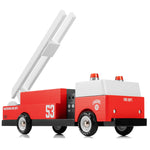 Candylab Toys Engine 53 Wooden Fire Truck with the ladder raised, angled view