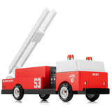 Candylab Toys Engine 53 Wooden Fire Truck with the ladder raised, angled view
