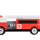 Candylab Toys Engine 53 Wooden Fire Truck, a red and white wooden fire engine with a ladder, side view