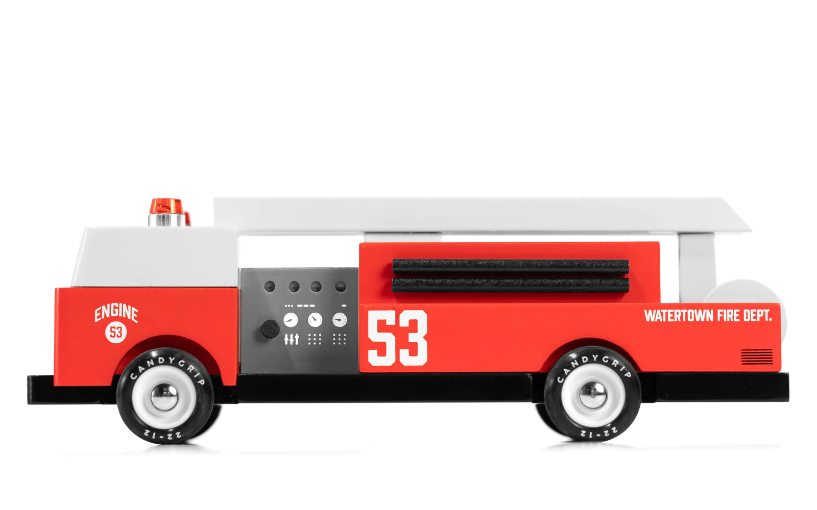 Candylab Toys Engine 53 Wooden Fire Truck, a red and white wooden fire engine with a ladder, side view