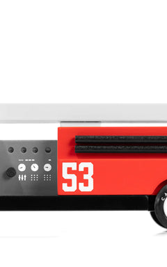 Candylab Toys Engine 53 Wooden Fire Truck, a red and white wooden fire engine with a ladder, side view