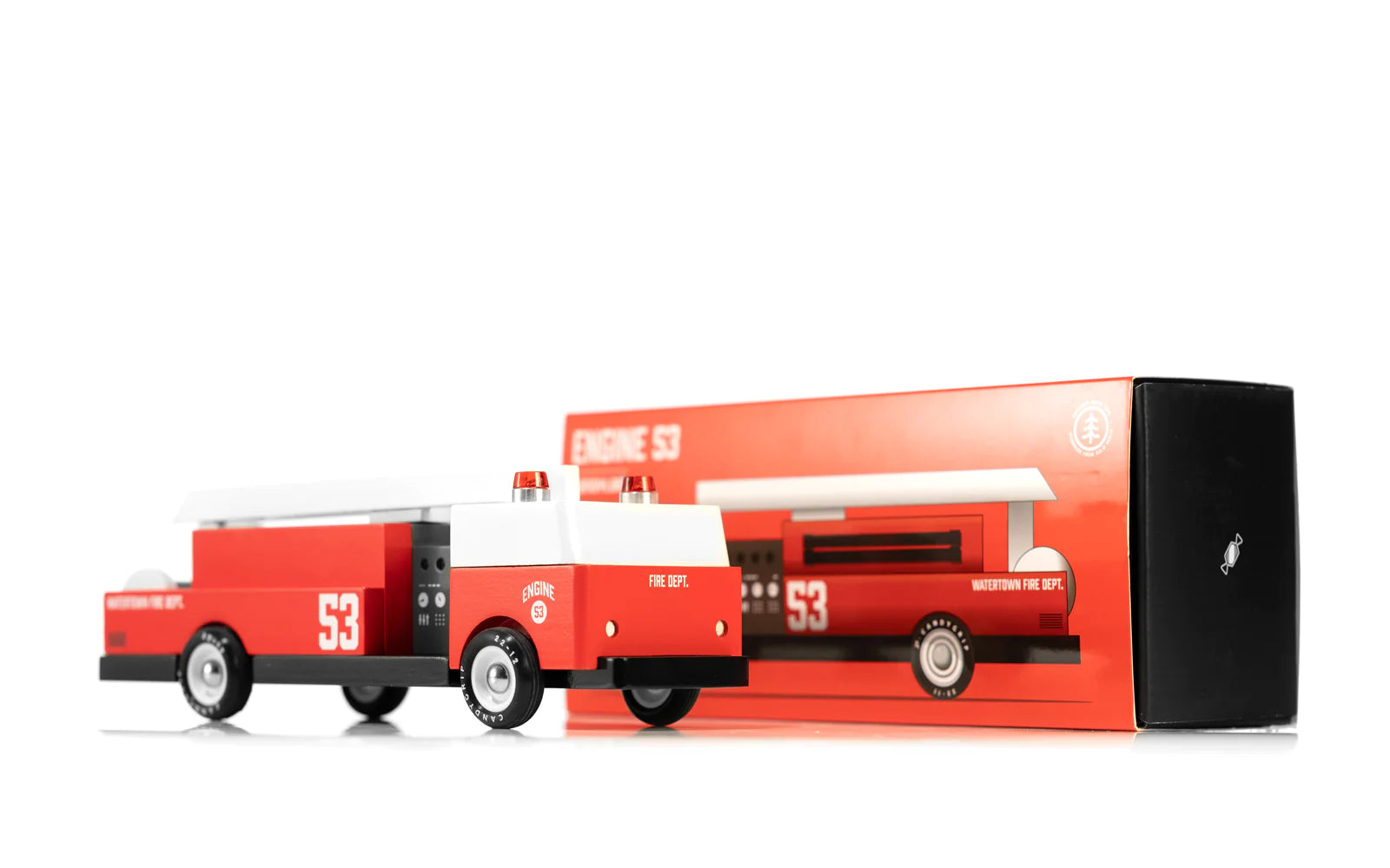 Candylab Toys Engine 53 Wooden Fire Truck beside its red retail box
