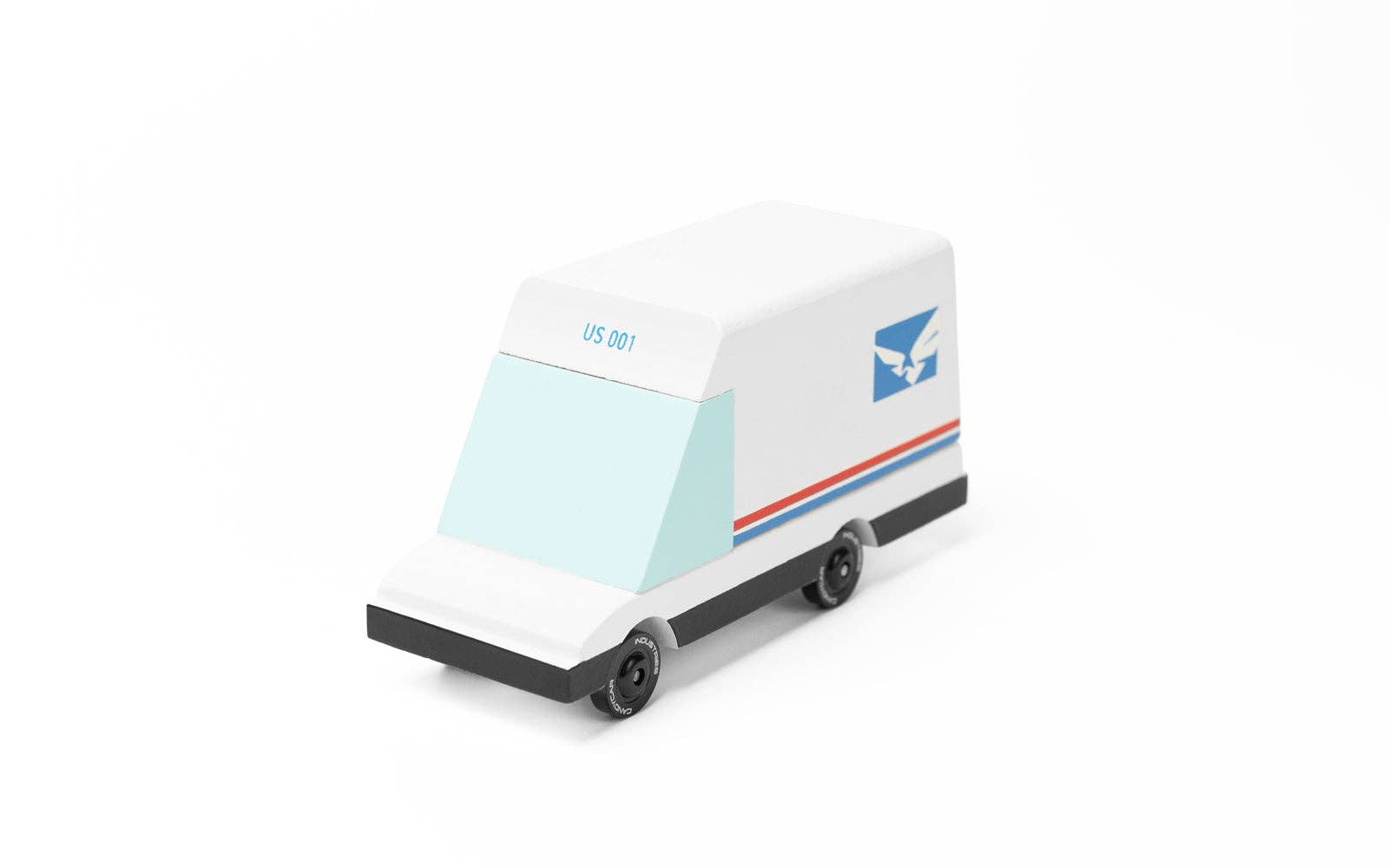 Candylab Toys Futuristic Mail Van, white wooden toy van with blue accents, angled view