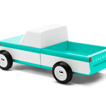 Candylab Toys Longhorn Toy Truck, teal and white wooden pickup, rear angled view
