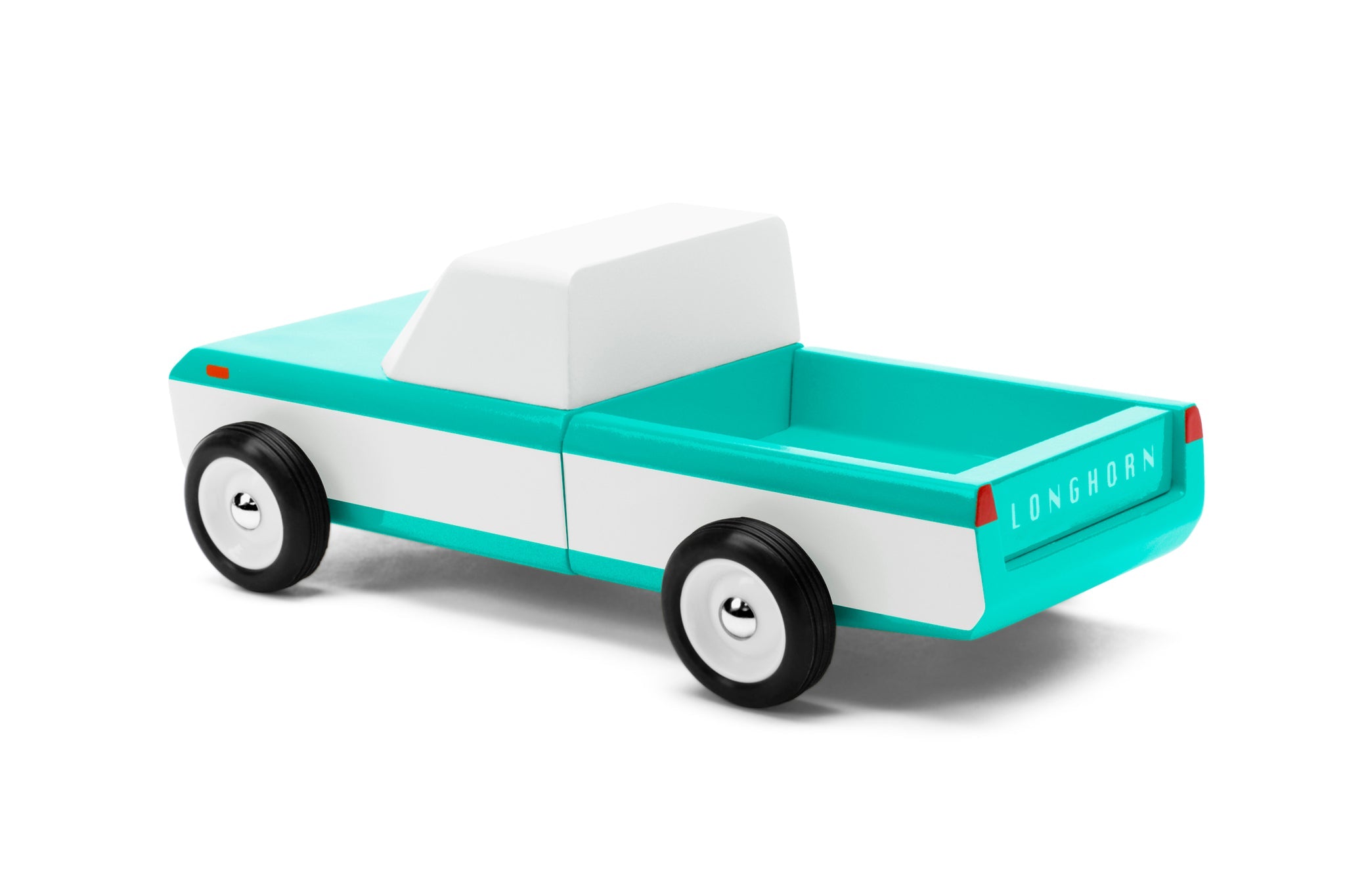 Candylab Toys Longhorn Toy Truck, teal and white wooden pickup, rear angled view
