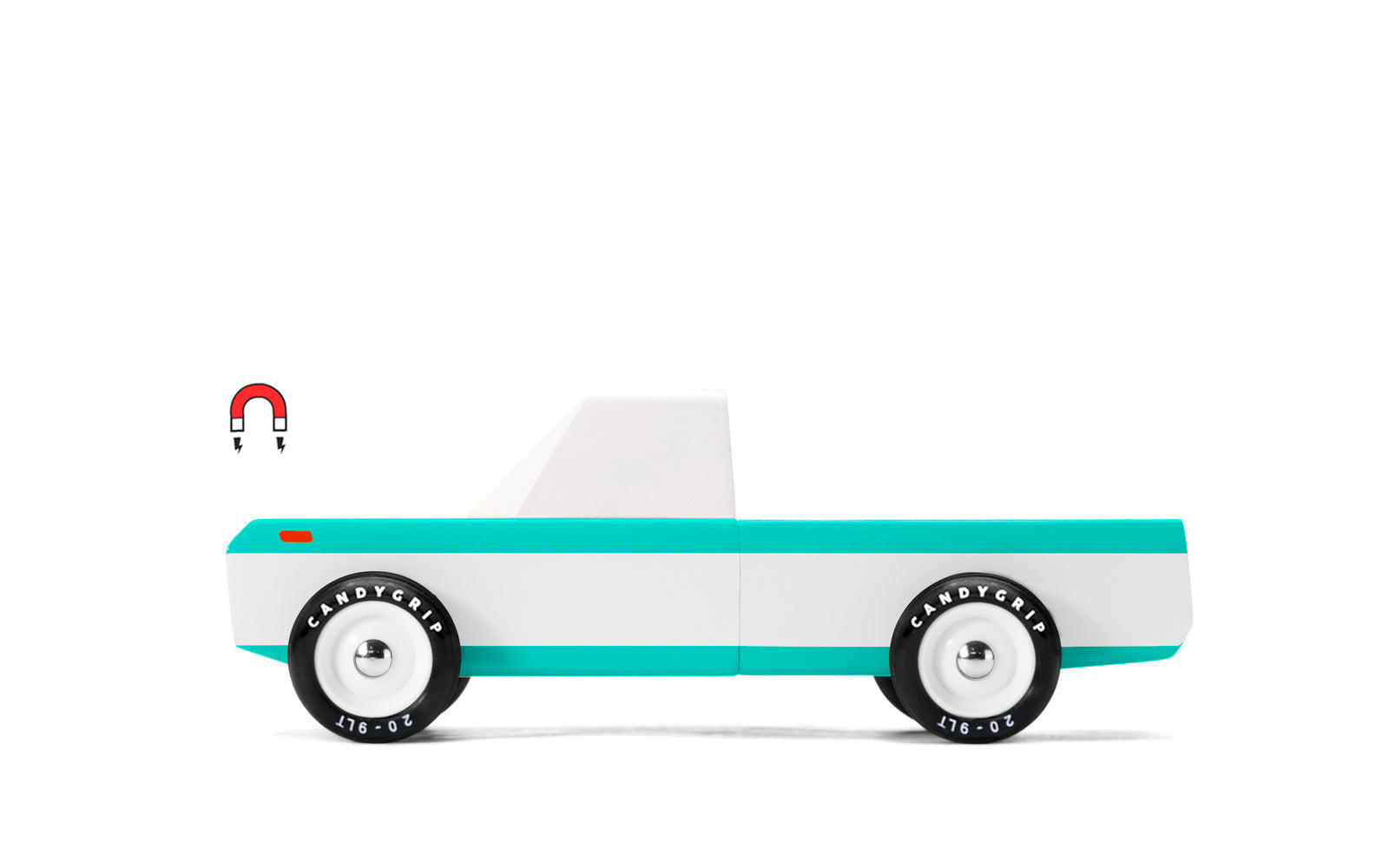 Candylab Toys Longhorn Toy Truck, a teal and white wooden pickup truck, side view