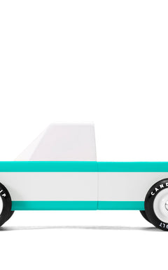 Candylab Toys Longhorn Toy Truck, a teal and white wooden pickup truck, side view
