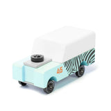 Candylab Toys Mini Zebra Drifter, mint wooden SUV with zebra stripes, rear angled view