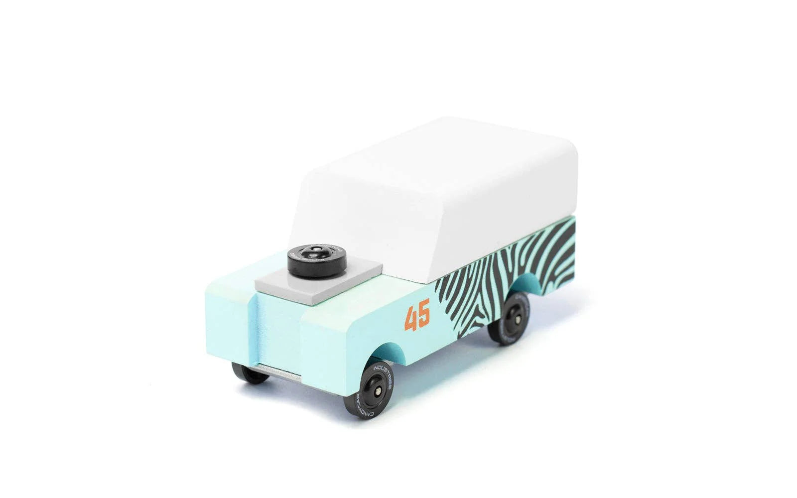 Candylab Toys Mini Zebra Drifter, mint wooden SUV with zebra stripes, rear angled view