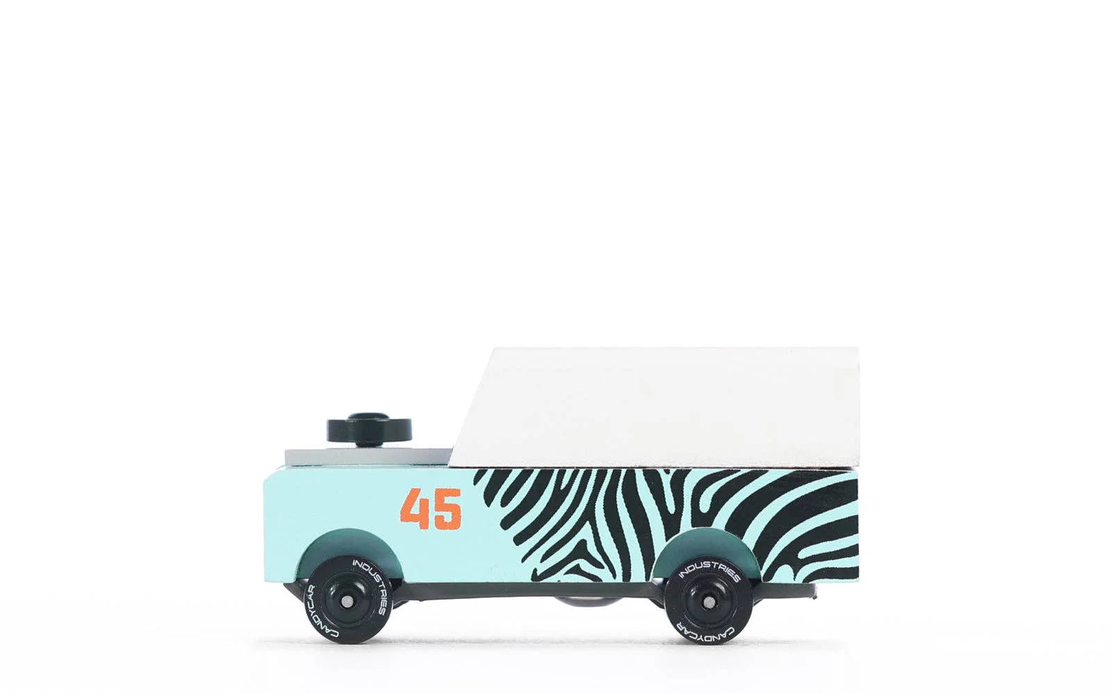 Candylab Toys Mini Zebra Drifter, a small mint wooden SUV with zebra stripes and a white roof, side view