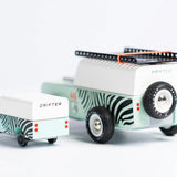 Candylab Toys Mini Zebra Drifter shown beside the full-size Zebra Drifter for scale