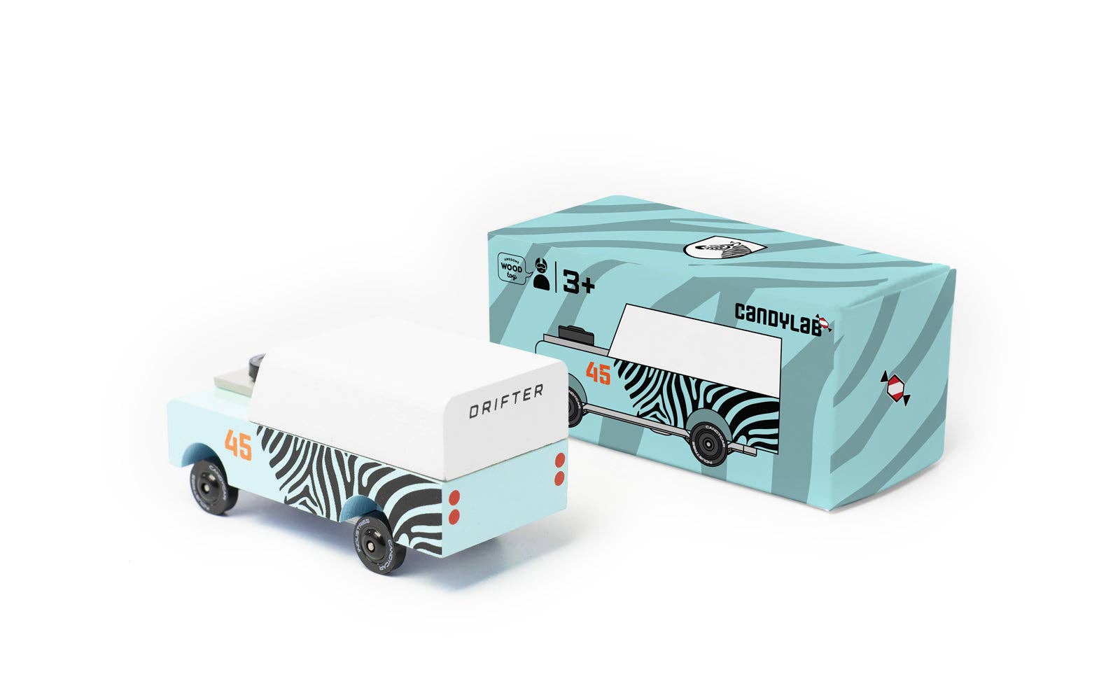 Candylab Toys Mini Zebra Drifter beside its mint retail box