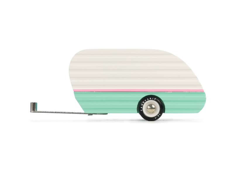 Candylab Toys Mojave Camper, cream and pink wooden trailer with a mint stripe, angled view