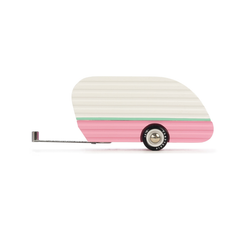 Candylab Toys Mojave Camper, a cream and pink wooden teardrop camper trailer, side view