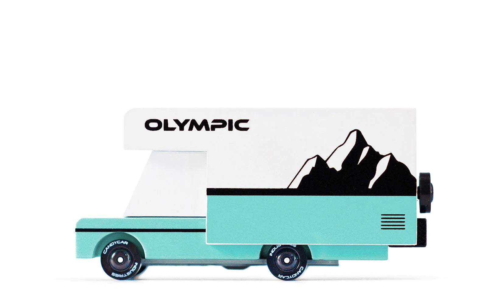Candylab Toys Olympic Wooden RV, a teal and white camper van with a mountain graphic, side view