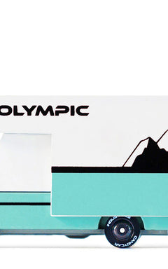 Candylab Toys Olympic Wooden RV, a teal and white camper van with a mountain graphic, side view