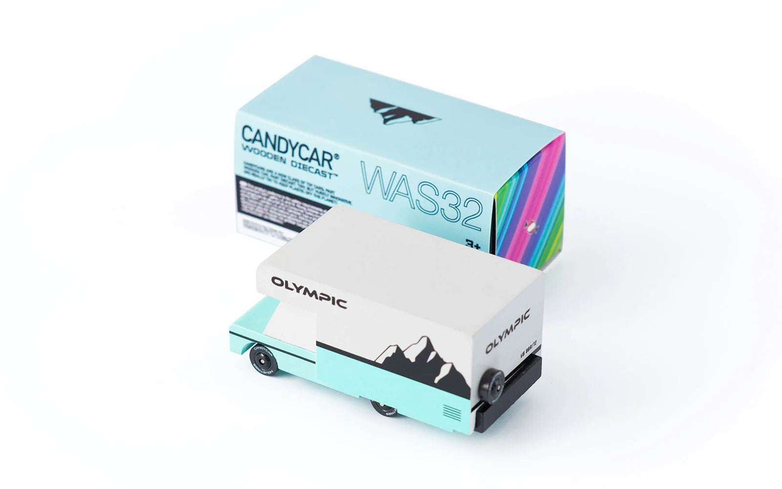 Candylab Toys Olympic Wooden RV beside its teal Candycar retail box