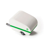 Candylab Toys Pinecone Toy Camper, white wooden trailer with a green stripe, angled view