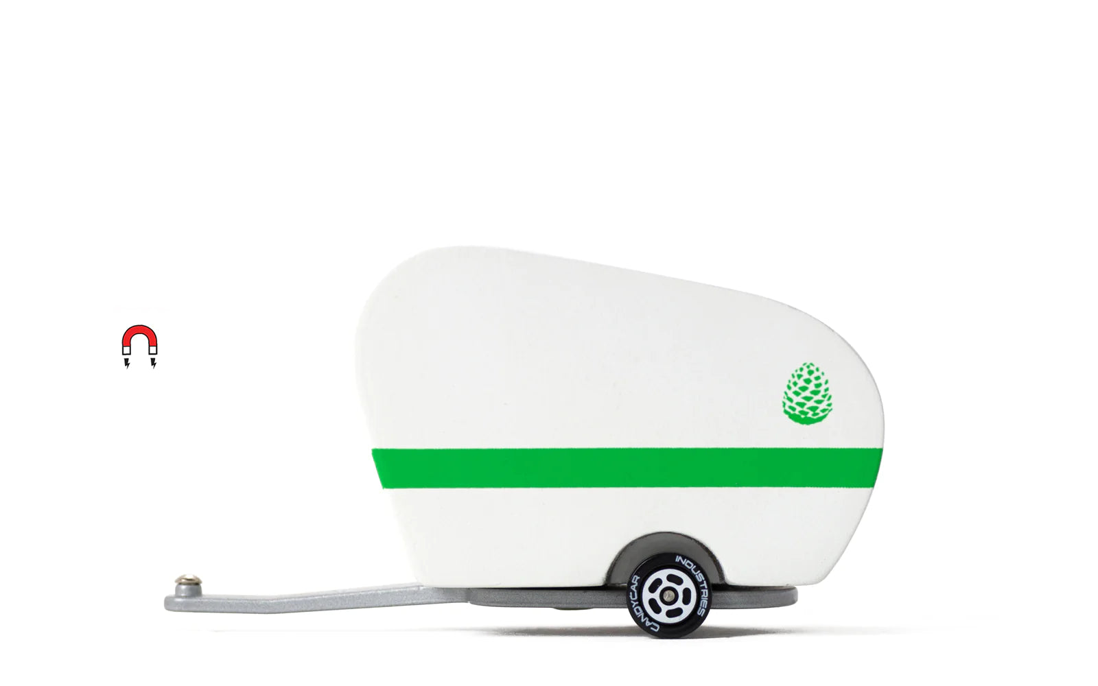 Candylab Toys Pinecone Toy Camper, a white wooden teardrop trailer with a green stripe and pinecone logo, side view