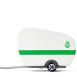Candylab Toys Pinecone Toy Camper, a white wooden teardrop trailer with a green stripe and pinecone logo, side view