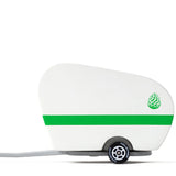 Candylab Toys Pinecone Toy Camper, a white wooden teardrop trailer with a green stripe and pinecone logo, side view