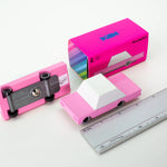 Candylab Toys Pink Wooden Sedan beside its hot pink retail box and a ruler for scale