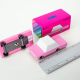 Candylab Toys Pink Wooden Sedan beside its hot pink retail box and a ruler for scale