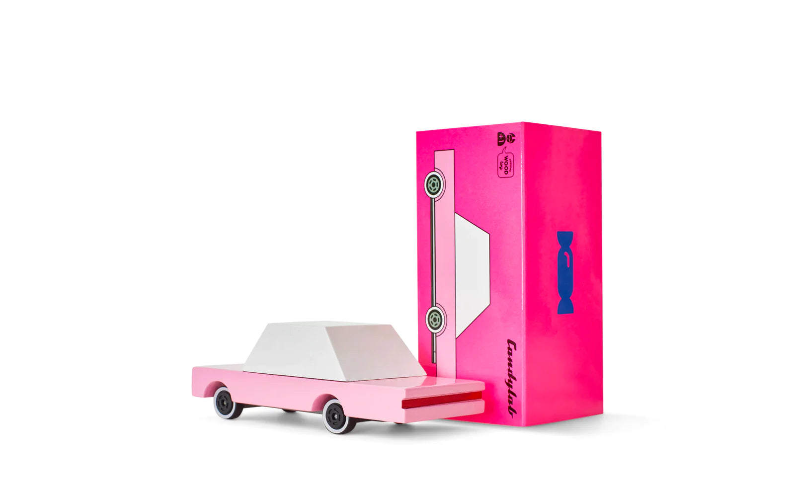 Candylab Toys Pink Wooden Sedan beside its hot pink retail box