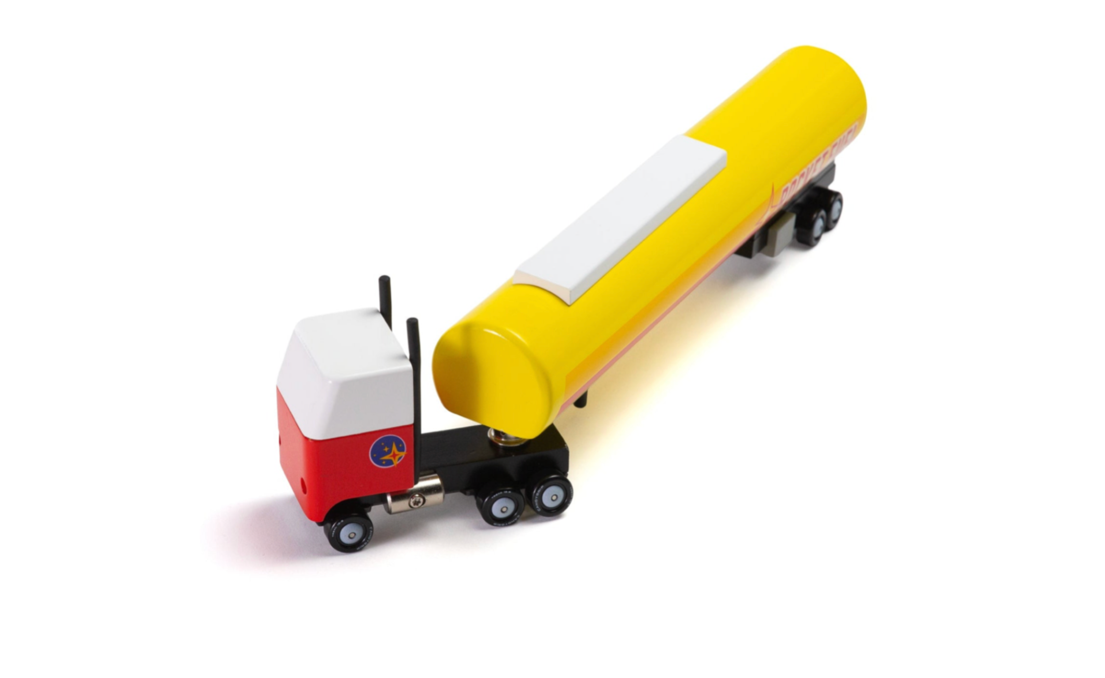 Candylab Toys Rocket Fuel Tanker, a red and white wooden semi truck with a yellow tanker trailer, front angle