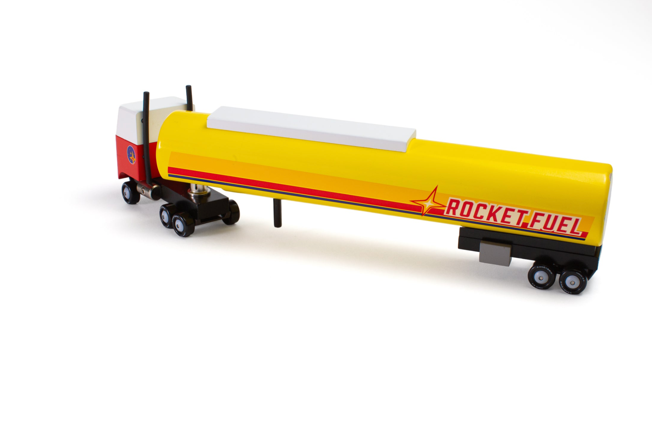 Candylab Toys Rocket Fuel Tanker wooden semi truck with yellow tanker, side view