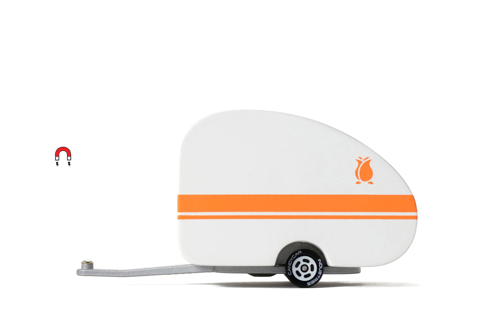 Candylab Toys Rosebud Toy Camper, a white wooden teardrop trailer with an orange stripe and rosebud logo, side view