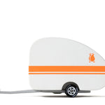 Candylab Toys Rosebud Toy Camper, a white wooden teardrop trailer with an orange stripe and rosebud logo, side view