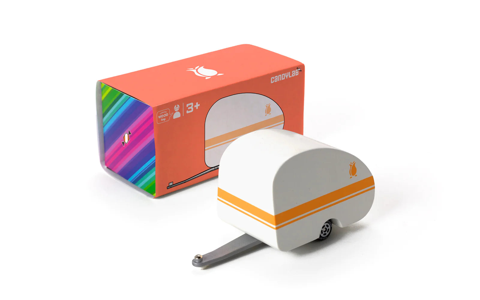 Candylab Toys Rosebud Toy Camper beside its orange rainbow retail box